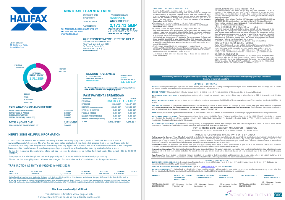 United Kingdom Halifax bank mortgage loan statement in Word and PDF formats , 4 pages 1 2